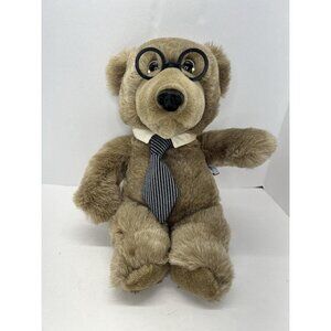 Heartline Graphics Vintage 1987 Teddy Bear Glasses Striped Tie Plush Stuffed Tan